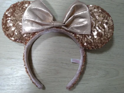 Tokyo Disney Resort Minnie Mouse Headband Rose Gold Sequin Metallic Bow Japan